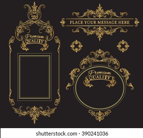 Golden calligraphic design page decoration elements and frames.Vintage premium quality label collection. Best for chocolate, cocoa, alcoholic beverages and tobacco. Vector illustration