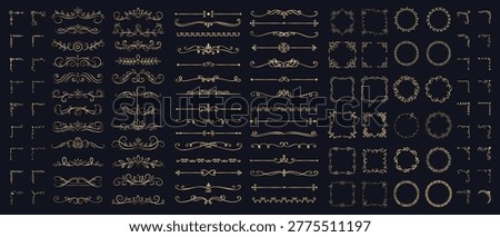 Golden calligraphic frame set with filigree corners and decorative scrolls on black background. Vintage vector ornate dividers, ornament wreaths, floral frames, border corners with linear flourishes.