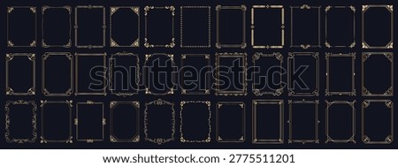 Golden calligraphic frame set with filigree borders and art deco scrolls on black background. Vintage vector collection ornate portals frame, rectangular ornaments for covers or certificate template.