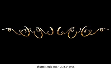 Golden Calligraphic Hand Drawn Flourish or Divider. Elegant Golden Retro Decorative Element for Invitations, Diploma, Menu, Wedding Design.