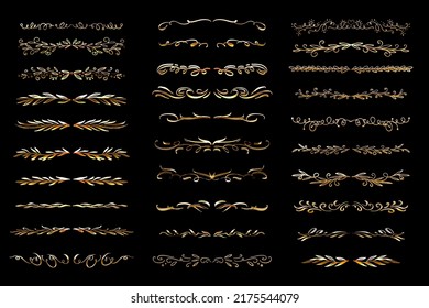 Golden Calligraphic Hand Drawn Flourishes or Dividers Set. Elegant Golden Retro Decorative Element for Invitations, Diploma, Menu, Wedding Design Collection Elements.