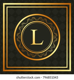 golden calligraphic round frame floral luxury emblem