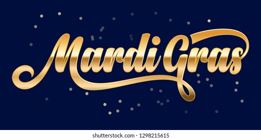 Golden calligraphic text Mardi Gras on blue background