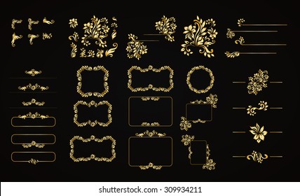 Golden calligraphic vector design elements on the black background. Gold menu and invitation border, frame,divider,page decor. Luxury style calligraphic 