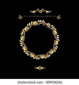 Golden calligraphic vector design elements on the black background. Gold menu and invitation border, round frame,divider,page decor. Luxury style calligraphic 