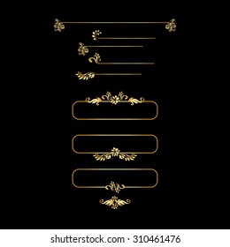 Golden calligraphic vector design elements on the black background. Gold menu and invitation border, frame,divider,page decor. Luxury style calligraphic 