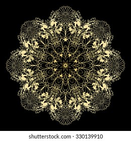 Golden calligraphic vector design elements on the black background. Gold menu and invitation border, round frame,divider,page decor. Luxury style calligraphic