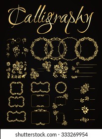 Golden calligraphic vector design elements on the black background. Gold menu and invitation border, italian frame,divider,underline,page decor. Luxury style calligraphic