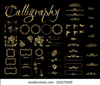 Golden calligraphic vector design elements on the black background. Gold menu and invitation border, italian frame,divider,underline, page decor. Luxury style calligraphic