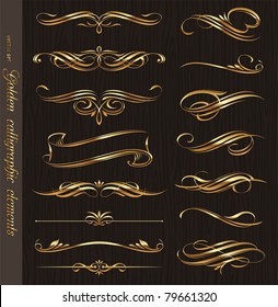 Golden calligraphic vector design elements on a black wood texture background