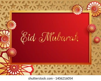 Caligrafía dorada de Eid Mubarak con diseño de mandala decorado con un fondo de patrón islámico sin fisuras en papel. Se puede usar como diseño de tarjetas de felicitación.