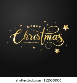 Golden calligraphy of Merry Christmas with stars on black background. Can be used as banner or poster design.