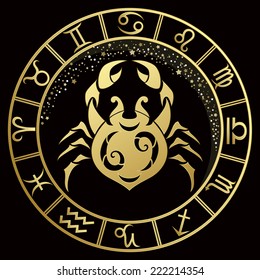 Signo de zodiaco de Cáncer de Oro. Ilustración vectorial 