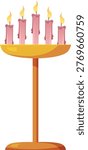 A golden candelabra with five pink burning candles. Decoration, comfort, warmth, light. Religion, castle, church, esotericism. Vector illustration. Flat cartoon style. Isolated background.