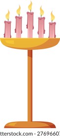 A golden candelabra with five pink burning candles. Decoration, comfort, warmth, light. Religion, castle, church, esotericism. Vector illustration. Flat cartoon style. Isolated background.