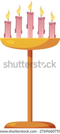 A golden candelabra with five pink burning candles. Decoration, comfort, warmth, light. Religion, castle, church, esotericism. Vector illustration. Flat cartoon style. Isolated background.
