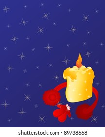 Golden candle with red earmuffs and mittens. Vector illustration.