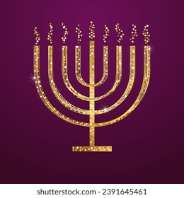 Una vela dorada. Símbolo religioso. Diseño brillante y brillante. Afiche feliz de los medios sociales de Hanukkah.  Plantilla de Menora. Gráfico creativo. Elemento de la fiesta tradicional judía. Icono aislado. Fondo morado.