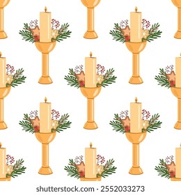 Golden candle seamless pattern with festive greenery, cookies, and berries illustration
