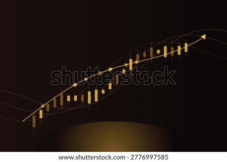Golden candlestick chart with upward trend line and arrow on dark background, financial graph
