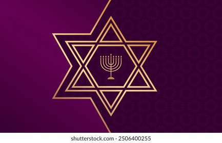 Golden candlestick in the middle of David's star on purple background. Festive design for greeting card or poster for Jewish celebration Hanukkah.