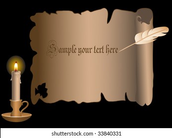 Golden candlestick and parchment behind the black background