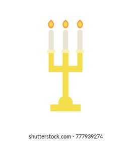 Golden candlestick with three burning candles. Religious icon. Elegant altar candelabra for Christian worship. Church utensils. Flat vector design