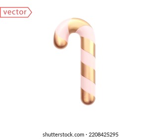 Golden Candy Cane Christmas Decoration. Gold and white spiral sweet candy 3D icon in glossy cartoon style. Object isolated on white background. Vector illustration