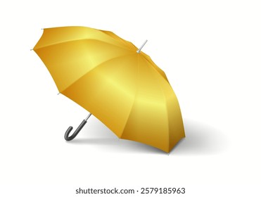 Golden cane umbrella casting shadow realistic vector illustration. Protection wealth and insurance idea 3d object on white background