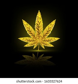 Golden Cannabis Leaf Polygon On Black Background, Gold Marijuana Low Poly Style Vector Illustration