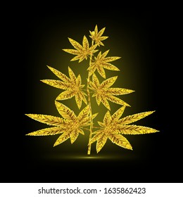 Golden Cannabis leaf tree Polygon on black background, Gold Marijuana Low Poly style vector illustration