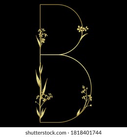 Golden capital letter B with floral motifs. Beautiful alphabet font with forget-me-not flowers.	