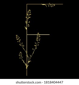 Golden capital letter F with floral motifs. Beautiful alphabet font with shepherd's purse flowers.