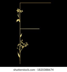 Golden capital letter F with floral motifs. Beautiful alphabet font with forget-me-not flowers.