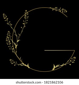 Golden capital letter G with floral motifs. Beautiful alphabet font with shepherd's purse flowers.