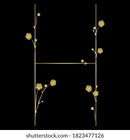 Golden capital letter H with floral motifs. Beautiful alphabet font with buttercup or ranunculus flowers.