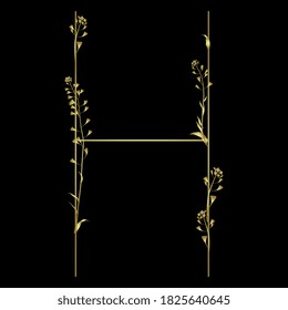 Golden capital letter H with floral motifs. Beautiful alphabet font with shepherd's purse flowers.