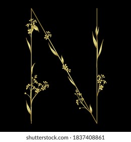 Golden capital letter N with floral motifs. Beautiful alphabet font with forget-me-not flowers.	