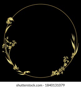 Golden capital letter O with floral motifs.  Numeral zero. Beautiful alphabet font with forget-me-not flowers. Round botanical frame.