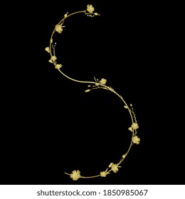 Golden capital letter S with floral motifs. Beautiful alphabet font with flax flowers.	