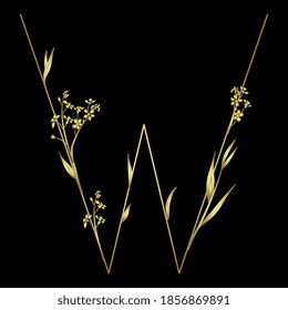 Golden capital letter W with floral motifs. Beautiful alphabet font with forget-me-not flowers.	
