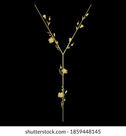 Golden capital letter Y with floral motifs. Beautiful alphabet font with flax flowers.	