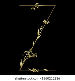 Golden capital letter Z with floral motifs. Beautiful alphabet font with forget-me-not flowers.	