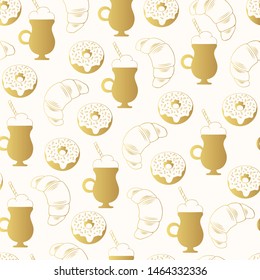 Golden cappuccino cup with donuts, croissant seamless pattern. Gold background for coffee cafe menu, shop or house. Vector isolated illustration.