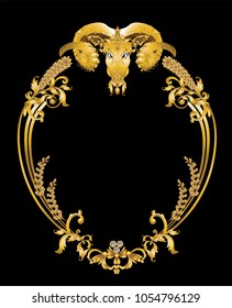 Golden Capricorn head with vintage Victorian frame 