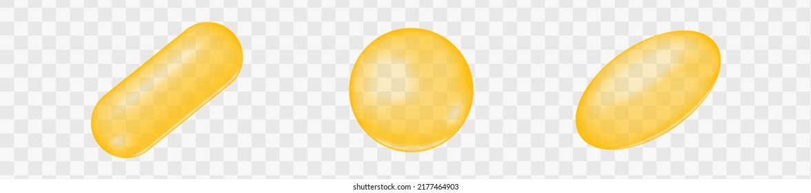 Golden capsules and pills of fish oil, collagen, jojoba, keratin, vitamin A or E, omega fatty acid food supplement isolated on transparent background. Vector realistic illustration
