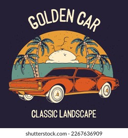 Golden car classic landscape vintage illustration, suitable for print t-shirt