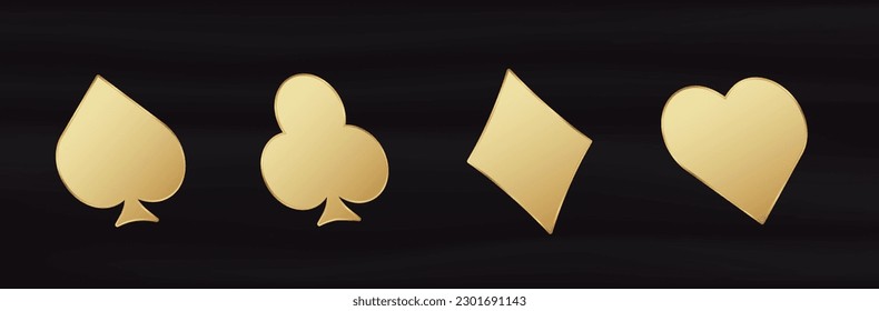 Golden card 3d suits. Yellow gradient symbol of gambling luck in poker and successful game in casino with blackjack and bets vector