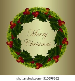 Golden card for christmas with mistletoe wreath