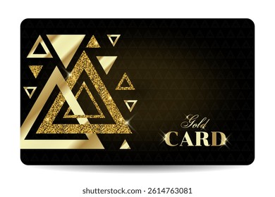 Golden card with glitter effect and triangular elements. For business and organizations, clubs, premium customer service. Vector images.